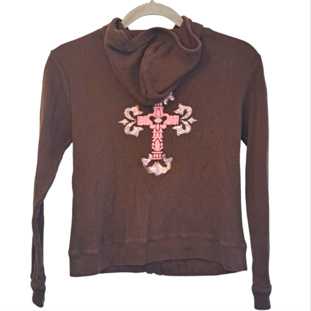 Jazzie Brown Hooded Sweatshirt Hoodie Pouch Cross Graphic Sequins Size Large